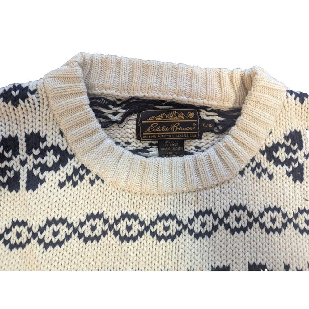 Eddie Bauer 100% Cotton Pullover Sweater Mens XL Blue/Ivory Nordic Vtg - Picture 5 of 8